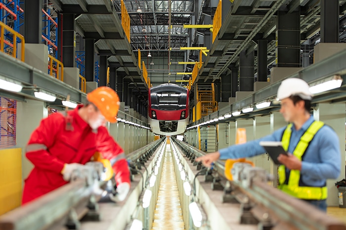 Baugruppen-Verwendung in der Bahntechnik: Zwei Mitarbeiter beim Schienenbau